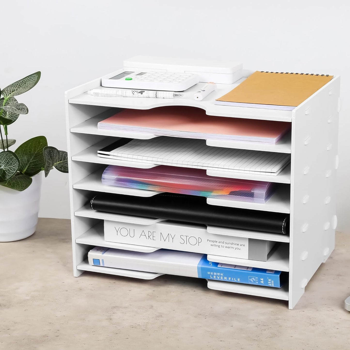 Paper Organizer Storage for Desk, 7 Tier Wide Construction File Organizer Paper Sorter, Desktop Document Storage Holder for Home Office School, White
