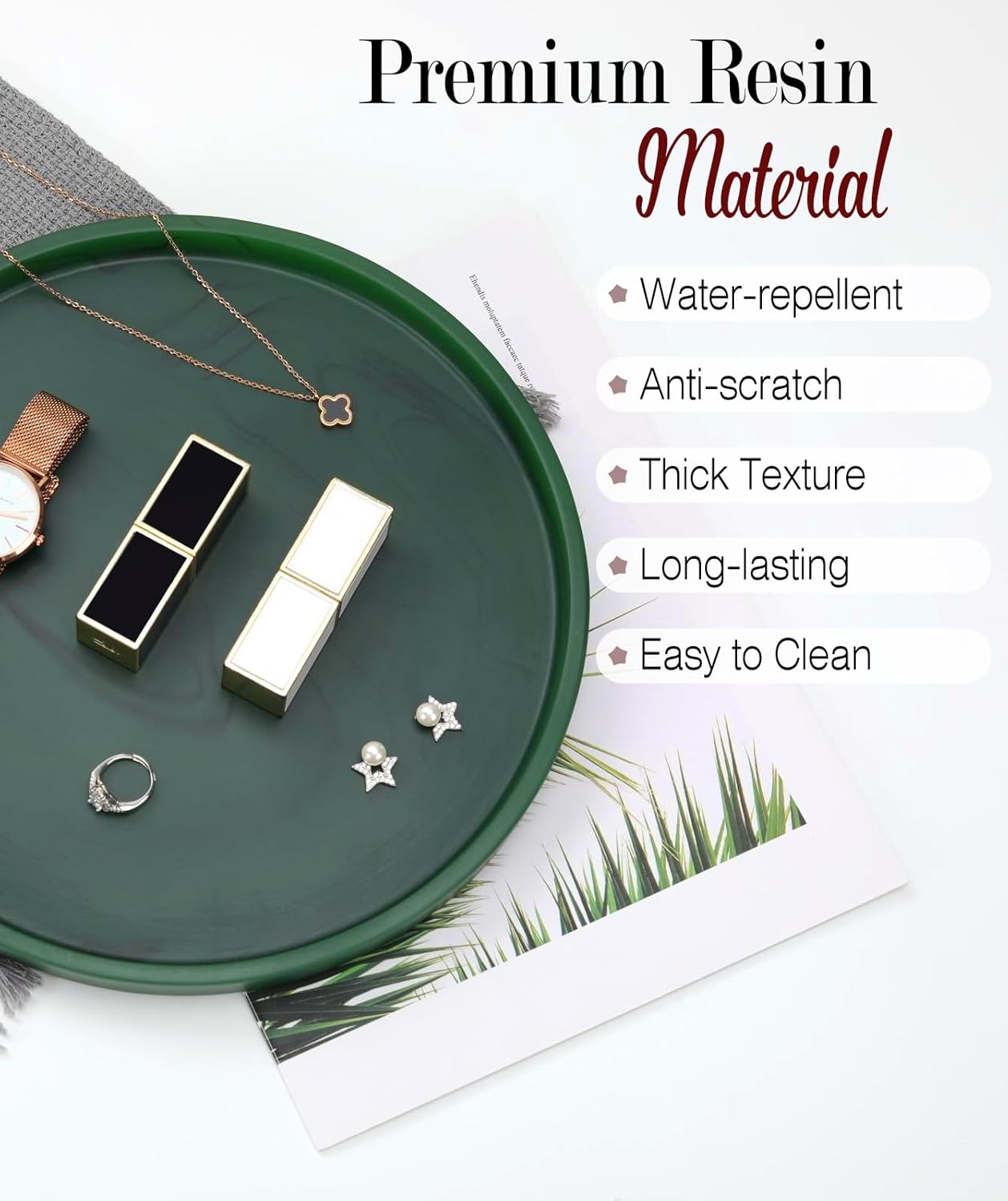 Emibele Vanity Tray, Resin Round Tray Decorative Storage Organizer for Bathroom Toilet Tank Bedroom Kitchen Countertop, Jewelry Storage Dresser for Candle,Lotion Bottle,Cosmetics, Matte Ink Green
