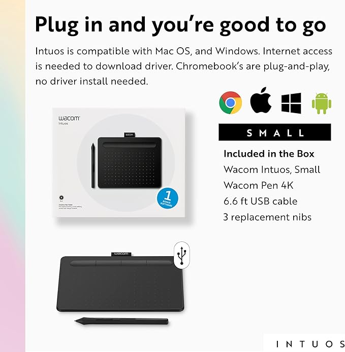 Wacom Intuos Small Graphics Drawing Tablet, includes Training & Software; 4 Customizable ExpressKeys Compatible With Chromebook Mac Android & Windows, photo/video editing, design & education,Black
