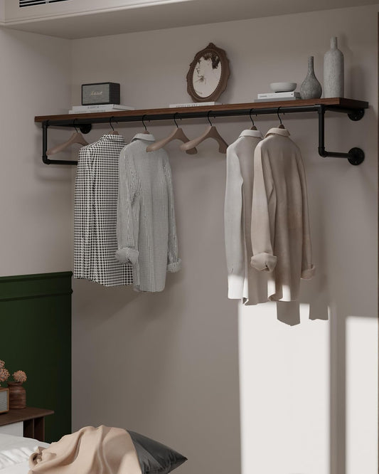 Clothes Rack 60in, Wall Mounted Garment Racks with Real Walnut Wood Shelf, Heavy Duty Hanging Clothes Rack, Multi-Purpose Hanging Rod, Space-Saving Closet Storage