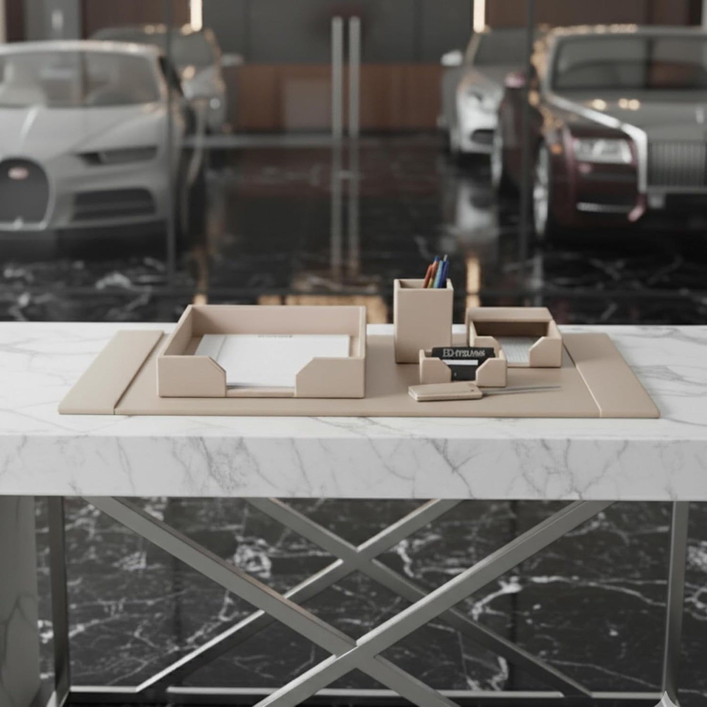 Dacasso Bonded Set Luxury Leather Desk Pad & Desk Organization Essentials, 6 Piece, White Latte