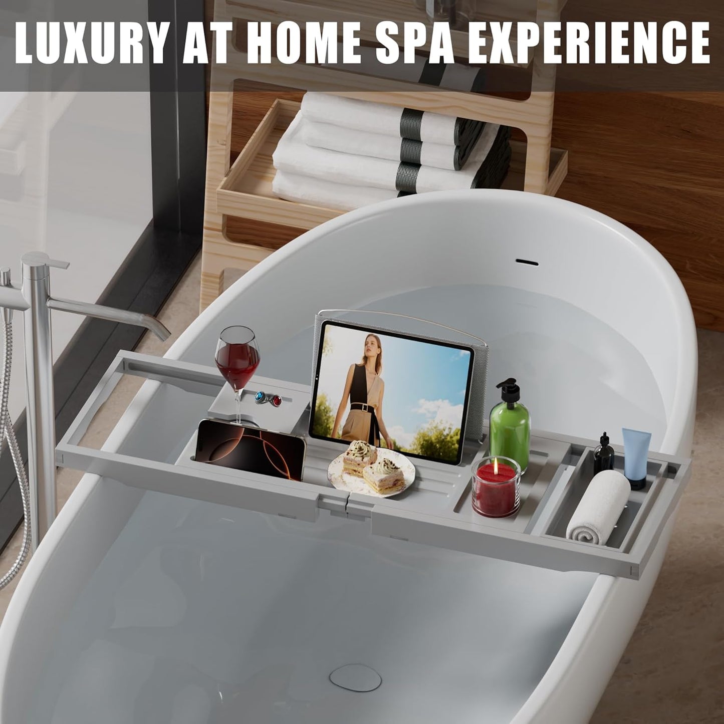 Foldable Bathtub Caddy Tray for Tub,Bamboo Expandable Bath Table Trays,Premium Bathroom Accessories for New Home & Mothers Day & Birthday Gifts for Couples,Gray