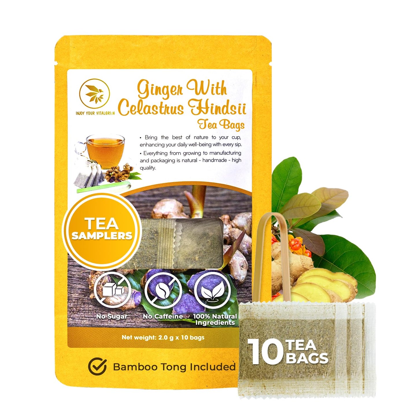 Pure Ginger Tea Samplers with Celastrus Hindsii - 10 Count, Mini Tea Bags, Bamboo Tong Included, Re-Steep Herbal Tea Blend, Corn Based Bags, No Sugar Added, Natural Ginger Tea