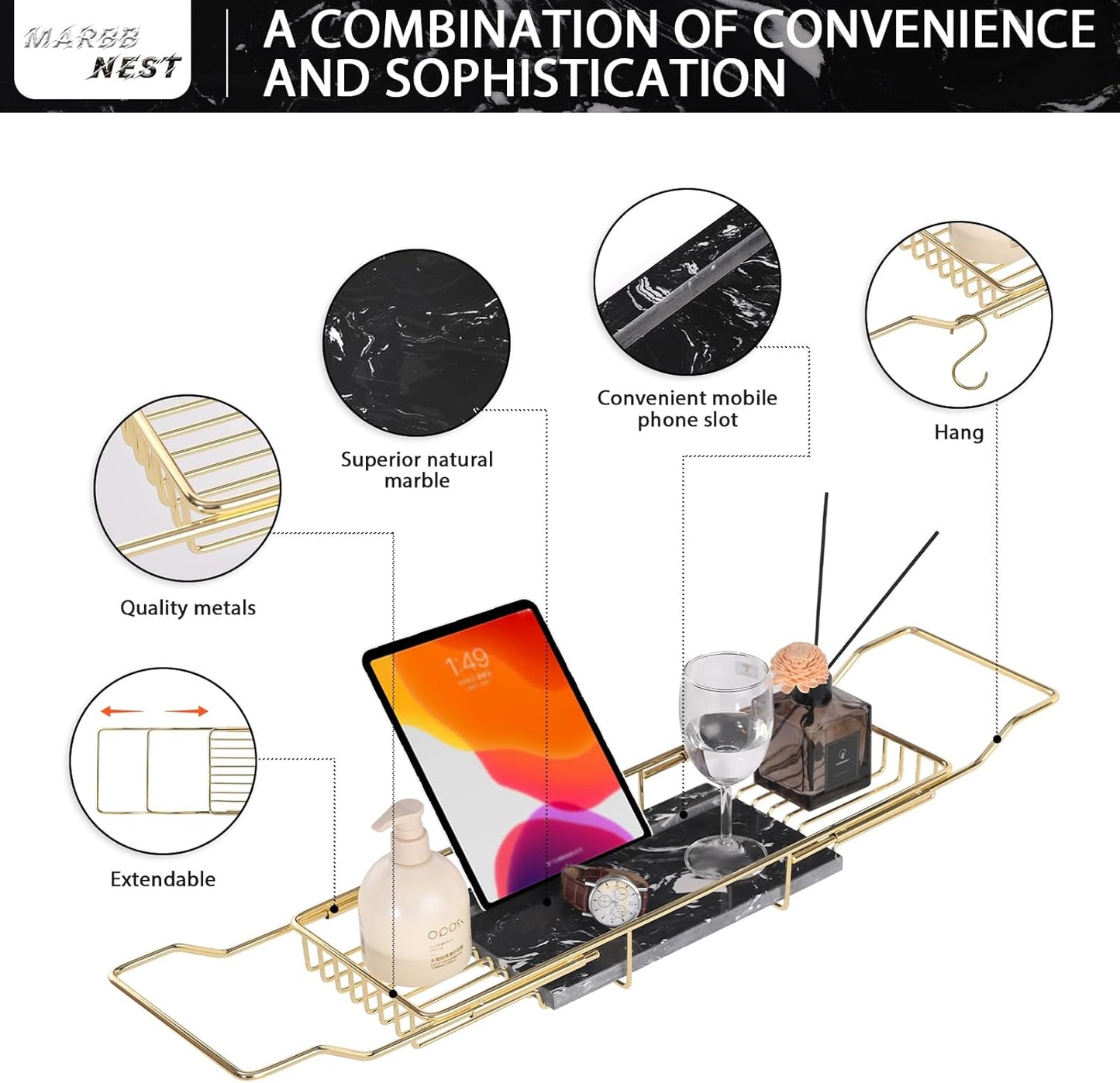 Bathtub Tray Caddy for Luxury Bath Expandable Extra Wide Bath Tub Tray with Natural Marble Tray and Mobile/Tablet Stand, Ideal for Home Spa Lovers (Gold + Black)