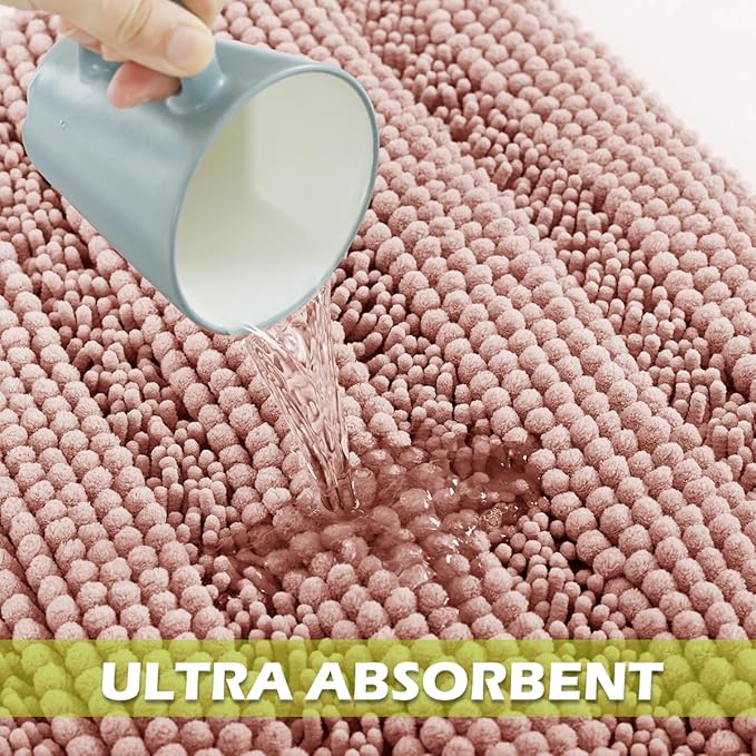 KGORGE Bath Mat for Bathroom - Soft Shower Rug Farmhouse Quick Drying Washable Absorbent Non-Slip Super Soft Chenile Bathtub Carpet Decorations for Family, Pink, 60 x 24, 1 Piece