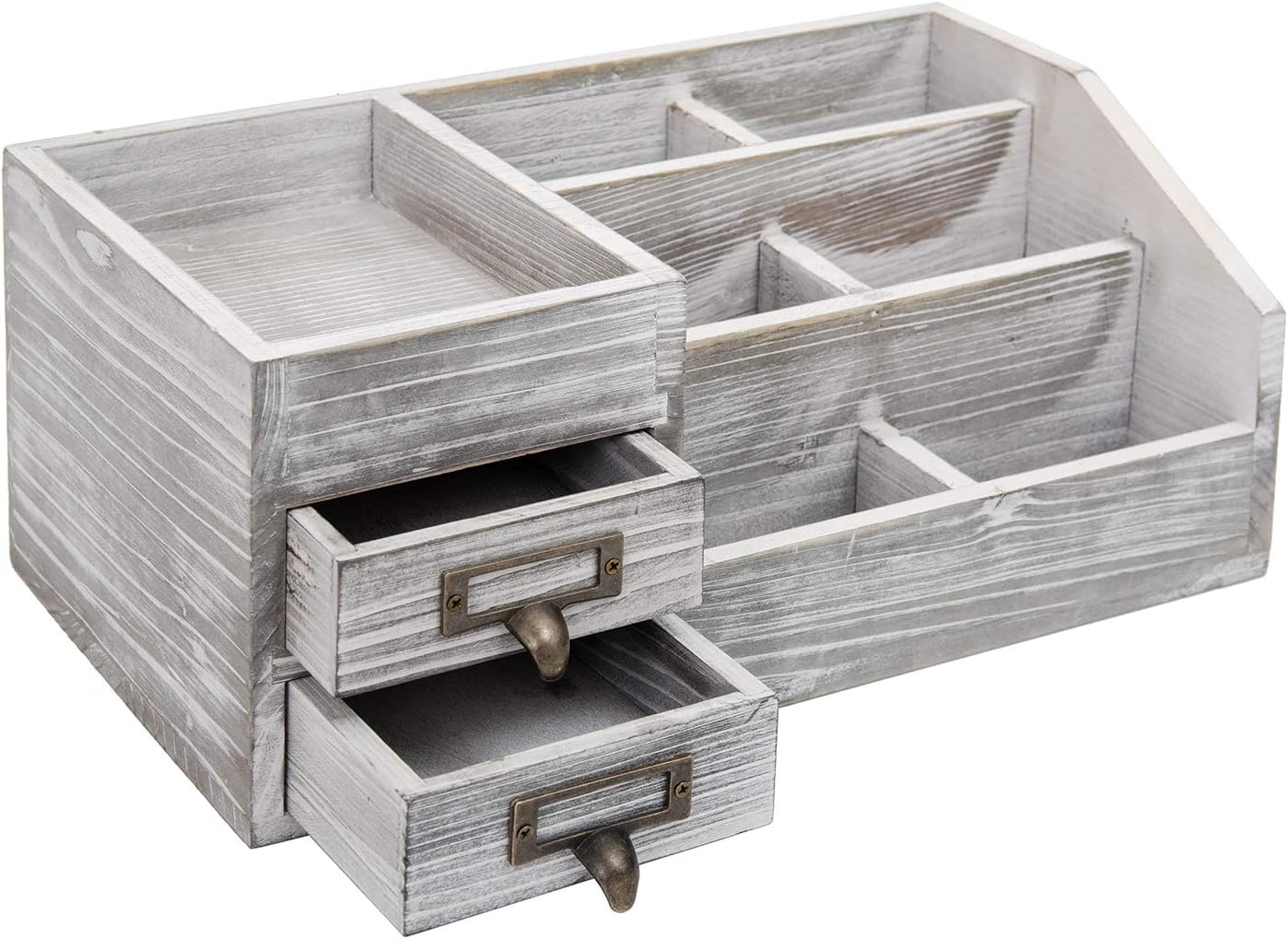 Distressed Rustic Wooden Office Desktop Organizer Wood Shelf Tabletop Home Organizer Storage with Multiple Compartments 2 Tier Drawers,perfect Jewelry storage Display Box for Desk, Vanity (gray)