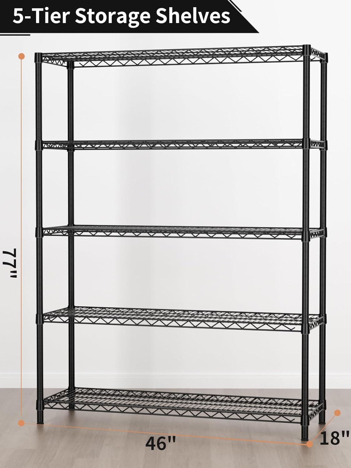5 Tier Adjustable Storage Shelves Heavy Duty Metal Utility Shelf 1750LBS Capacity Wire Shelving Unit Organizer Rack for Home Kitchen Garage Pantry Room 18" D x 46" W x 77" H Black