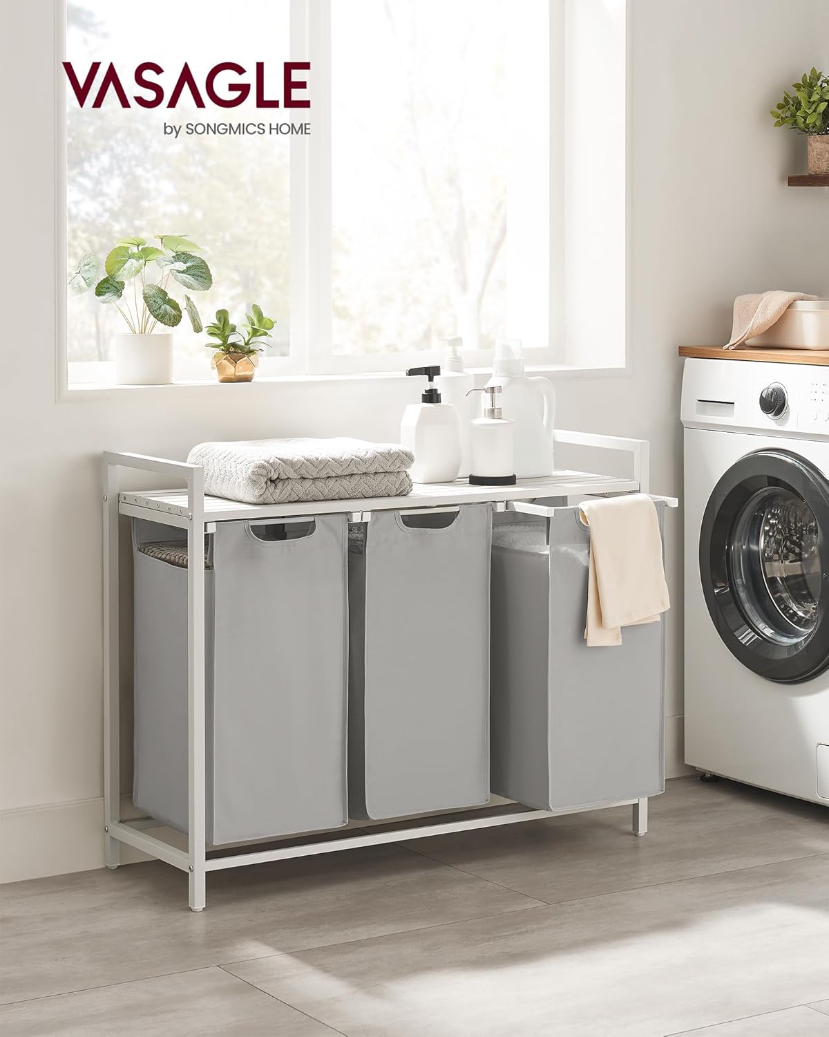 VASAGLE Laundry Hamper, Laundry Basket, Laundry Sorter with 3 Pull-Out and Removable Bags, Shelf, Metal Frame, 3 x 10.6 Gallons (40 L), 36.4 x 13 x 28.4 Inches, Dove Gray and Cloud White UBLH301W03