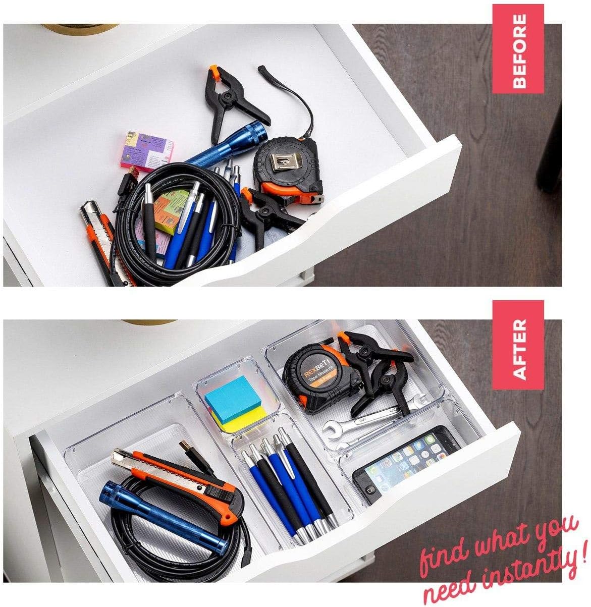 25 PCS Clear Plastic Drawer Organizers Set, 4-Size Versatile Bathroom and Vanity Drawer Organizer Trays, Storage Bins for Makeup, Bedroom, Kitchen Gadgets Utensils and Office Accessories