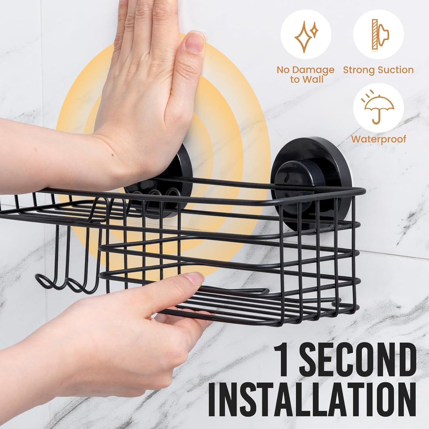 LEVERLOC Shower Caddy Suction Cup, 2 Pack suction shower shelf with Hooks & Soap holder, NO-Drilling Bathroom Holder, Rustproof bathroom organizer, Black