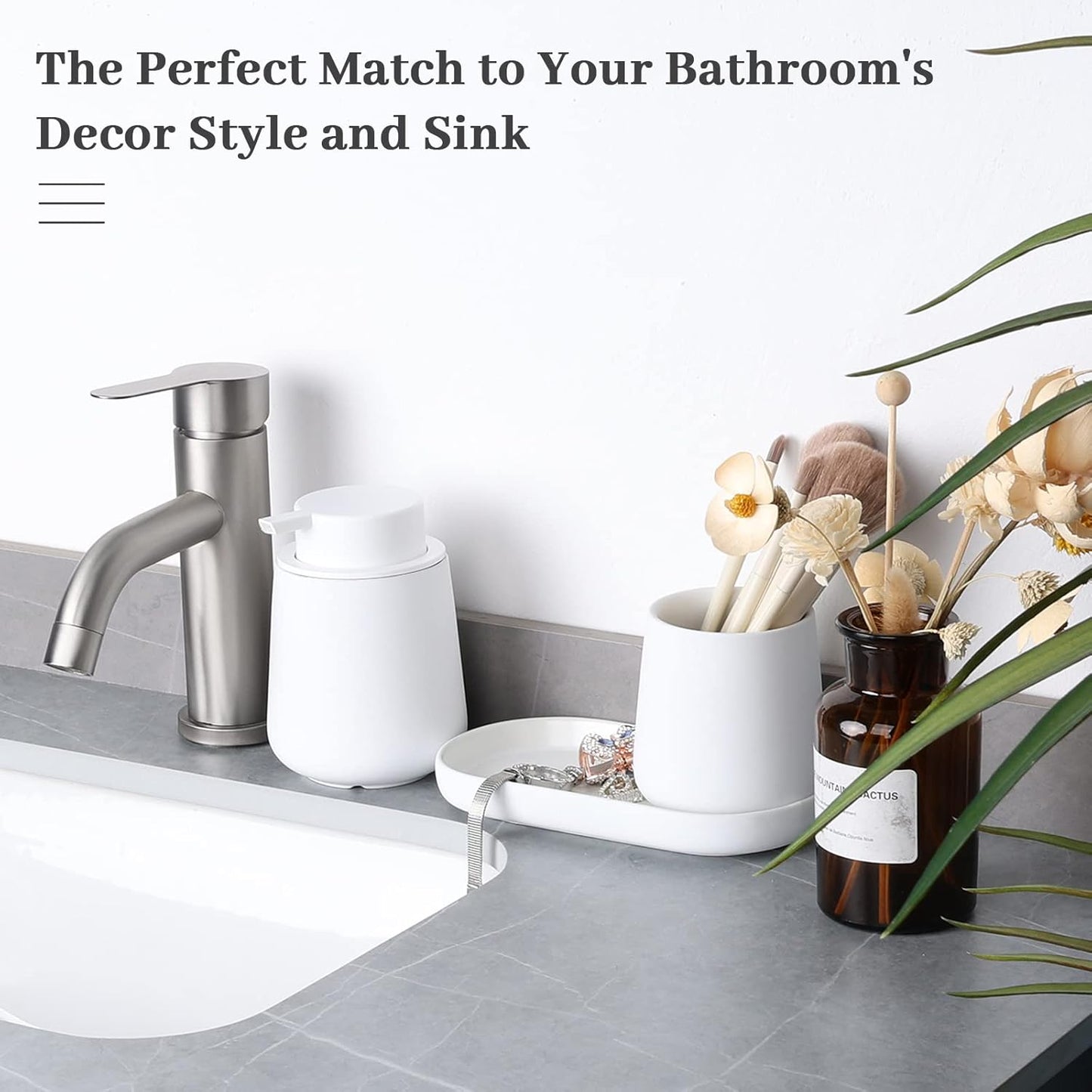 BosilunLife Bathroom Accessories Set 3 pcs - Bathroom Ceramic Foaming Soap Dispenser Set Farmhouse White Bathroom Decor, Foam Soap Dispenser and Toothbrush Holder/Tumbler Cup, Tray