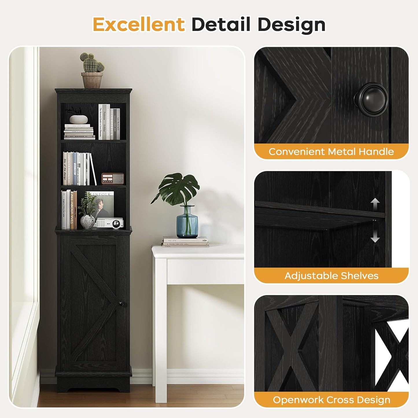 Farmhouse 60.9" H Tall Narrow Storage Cabinet with Door and Open Adjustable Shelves, Freestanding Organizer for Bathroom, Kitchen, Entryway, Wooden Tower Corner Cabinet, Black