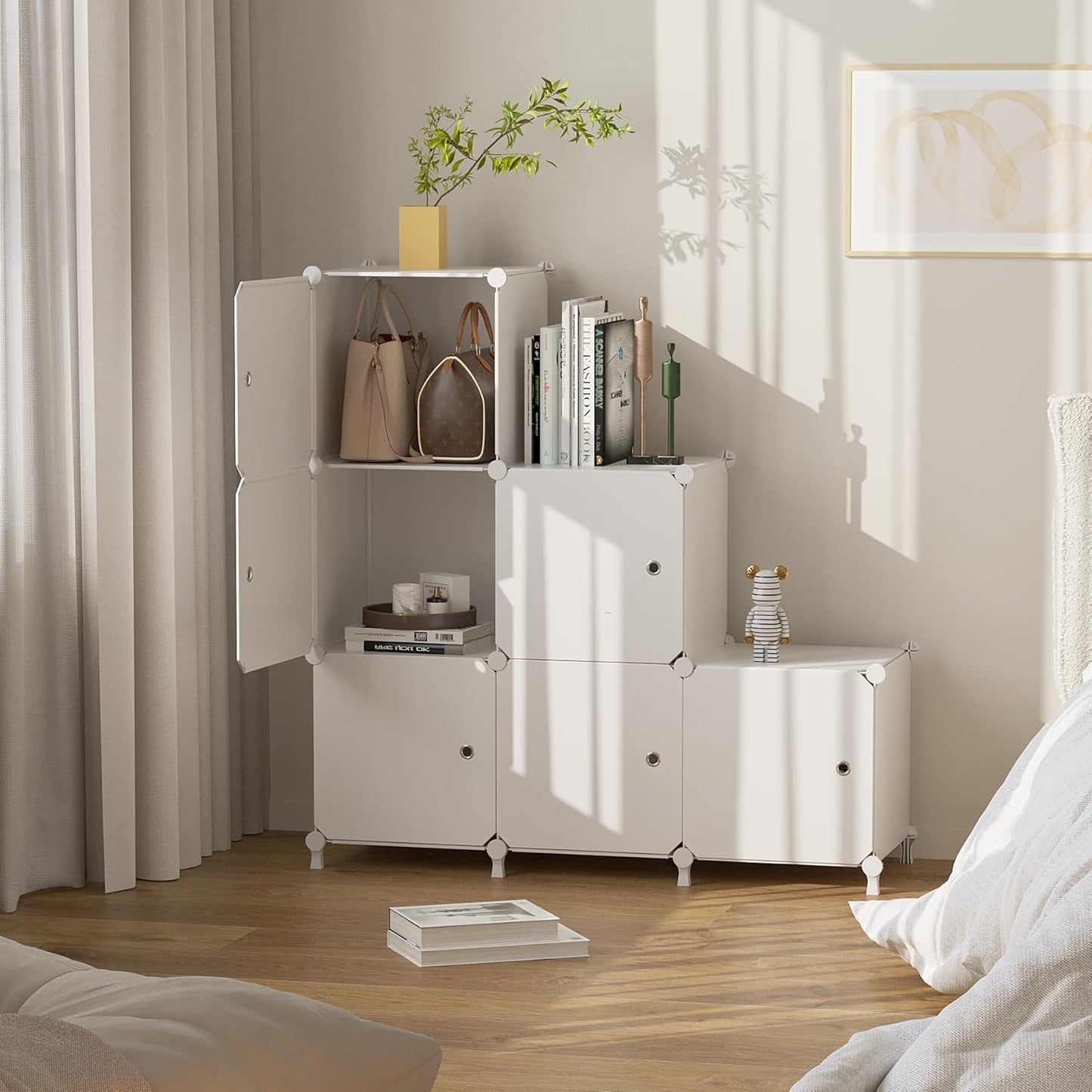 Cube Storage Organizer, 6-Cube Shelves Unit with Doors, DIY Stackable Plastic Clothes Organizer for Bedroom and Under Stairs Storage Unit, Each Compartment 30 x 30 x 30 cm White ATTSL6002