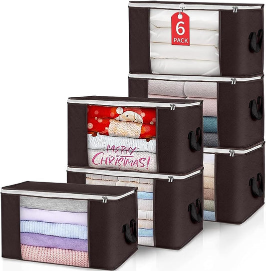 Budding Joy Clothes Storage, Foldable Large Blanket Bags, Storages and Organization for Clothing, Blanket, Comforter, Clothes, Pillows, Toys, Closet Organizers with Enhanced Handle, 60L 6 Pack Brown