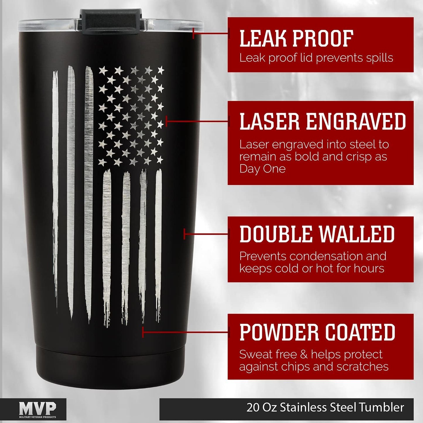 Military Gift Shop 20oz American Flag Tumbler, Insulated Steel USA Coffee Mug with Lid | Disabled Vet Owned Business | Flag 20 oz