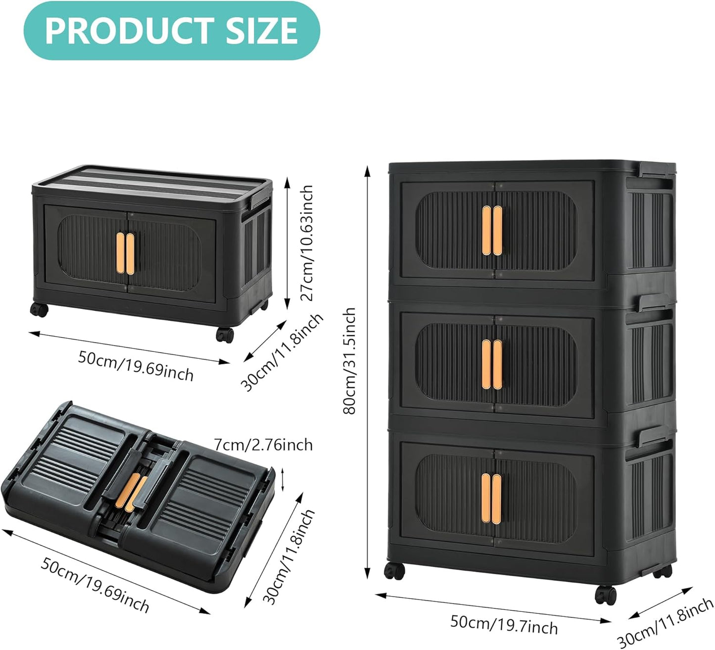 Holaki 117 QT Storage Bins with Lid, 3 Tier Collapsible Closet Organizers and Stackable Plastic Storage Bins Cabinet with Wheels and Magnetic Door (Black)