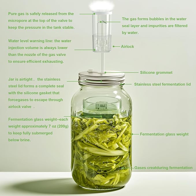 Fermentation Kit for Wide Mouth Mason fermentation Jar,pickling/sauerkraut kit with 4 Glass Fermentation Weights,4 Fermenting Lids,4 airlocks,5 Silicone Rings,5 Silicone Grommet （ No Jars ）