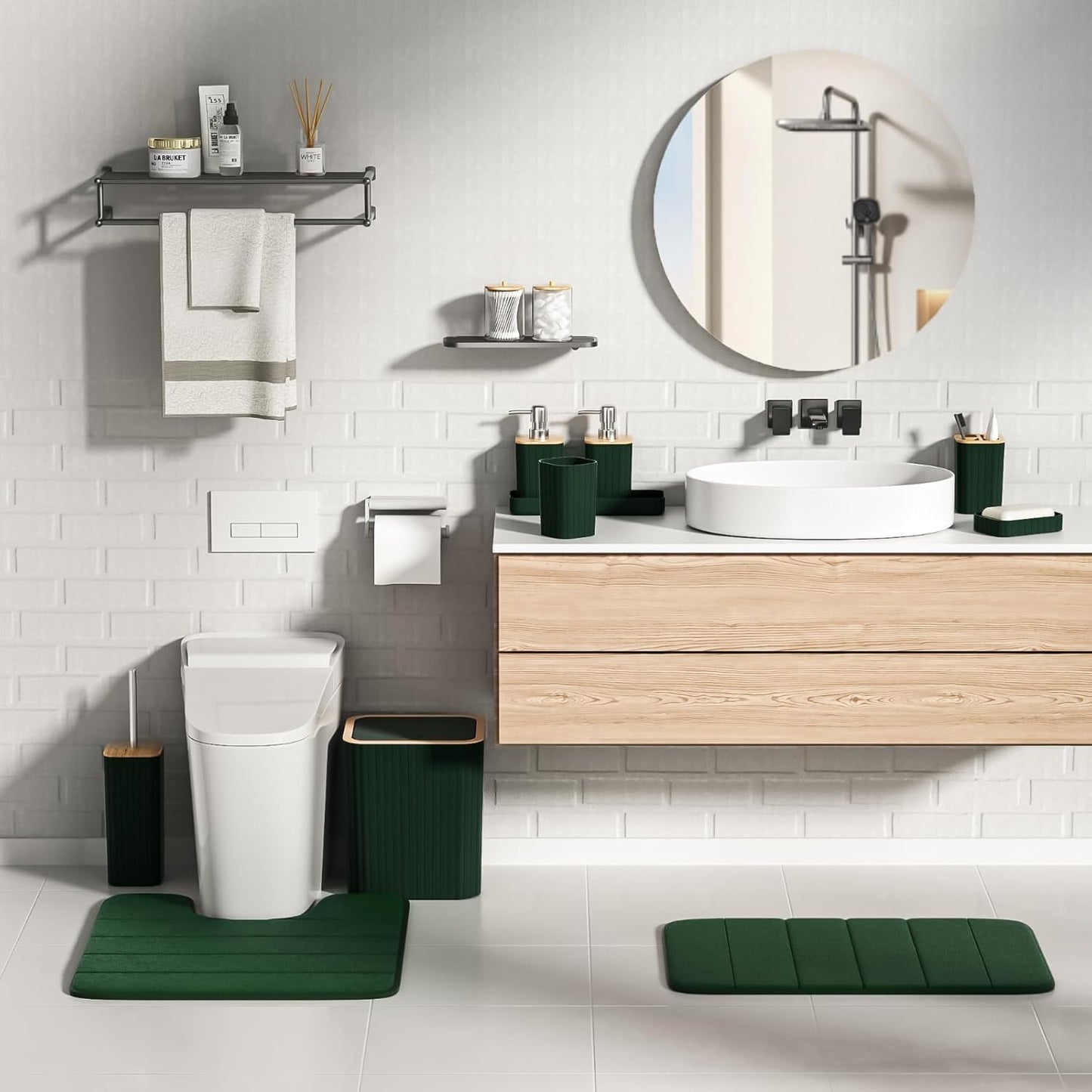 Bathroom Accessories Set - 25PC Green Bathroom Set, Bathroom Set with Shower Curtain and Rugs, Green Shower Curtain Set, Toilet Brush, Bathroom Trash Can