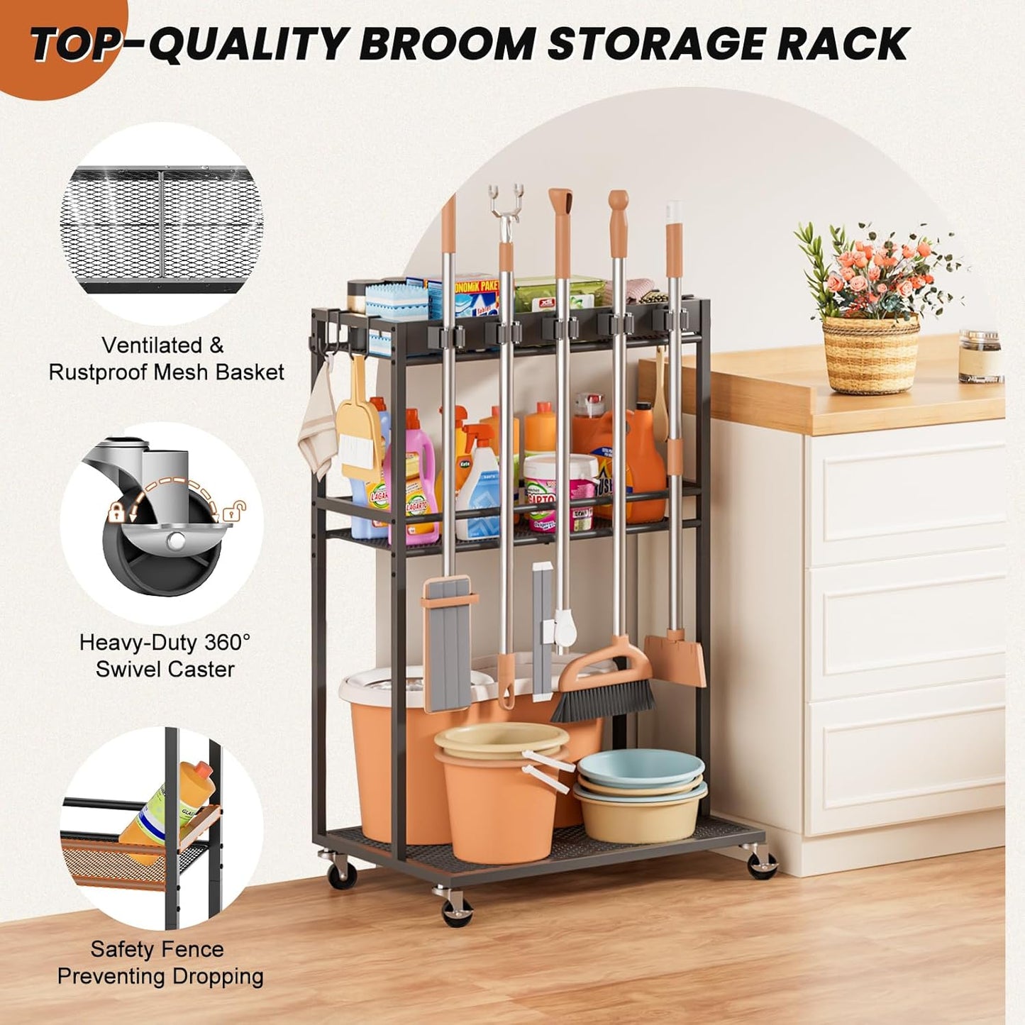 Broom Holder with Cleaning Supplies Organizer, Broom Closet Storage Cabinet with Mop Hanger Gripper Rack Hooks, Cleaning Housekeeping Janitorial Cart with Cleaning Caddy, Laundry Room Organization