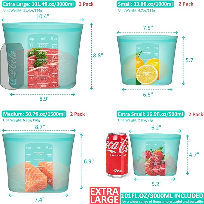 Reusable Storage Bag, 8 Pack 100% Silicone Food Storage Bags Stand Up Zip Lock Bags for Food Container, Freezer Microwave Oven Dishwasher Safe, 2 X-Large(0.8 Gallon) 2 Medium 2 Small 2 X-Small, Aqua