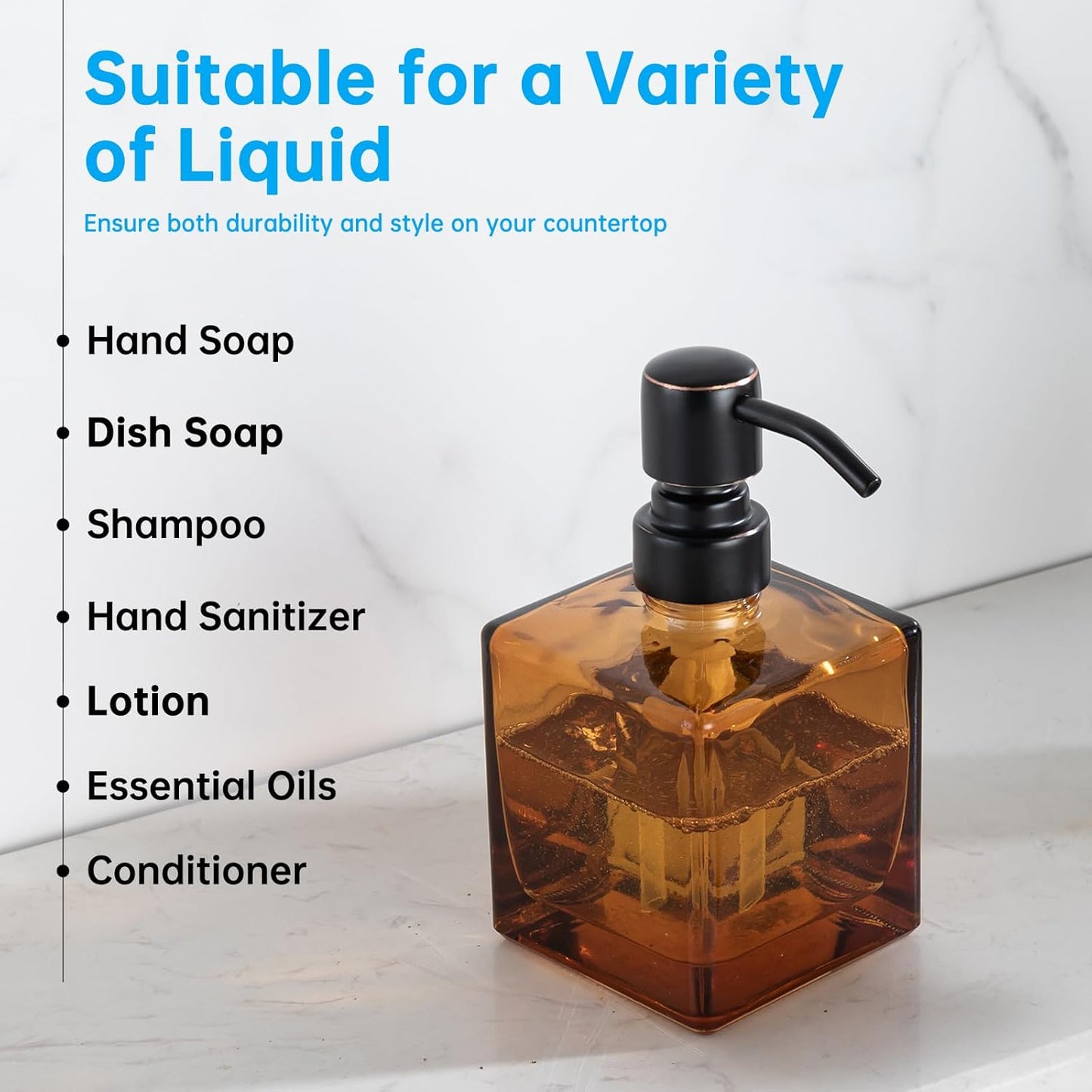 Square Bathroom Soap Dispenser Amber Bottle with Oil Rubbed Bronze Pump, Retangle Cube 8.4 oz Glass Bottles with Stainless Steel Pump Hand Liquid Soap Dispenser Kitchen