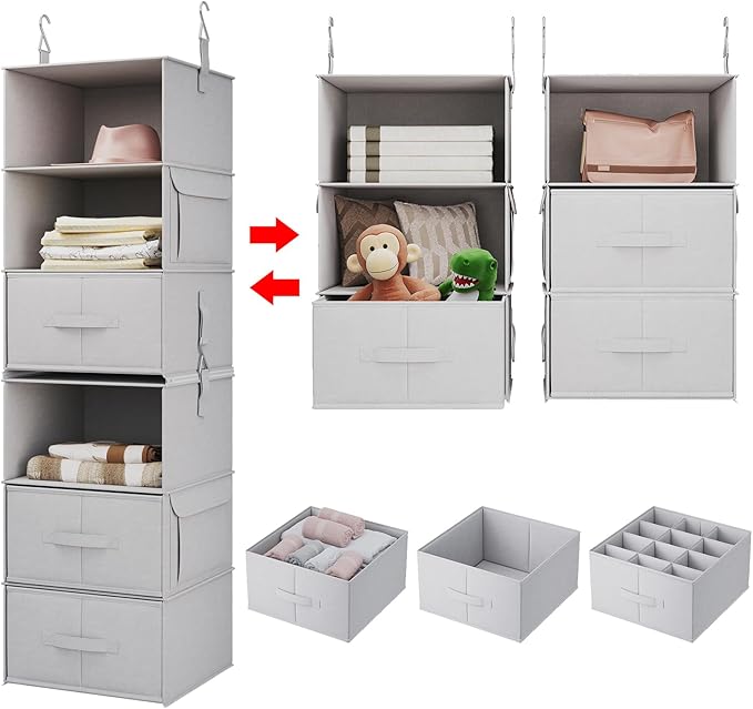 Vailando 6-Shelf Hanging Closet Organizer with 3 Drawers, 2 Separable 3-Shelf Closet Organizers and Storage for Wardrobe Organization, Hanging Dresser for Nursury & Dorm Clothes Organizer
