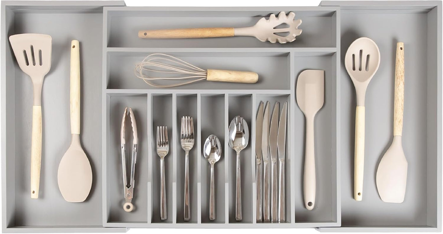 KitchenEdge Premium Silverware, Flatware and Utensil Organizer for Kitchen Drawers, Food-Safe Contract Grade, Expandable from 18 to 33 In, Gray Bamboo