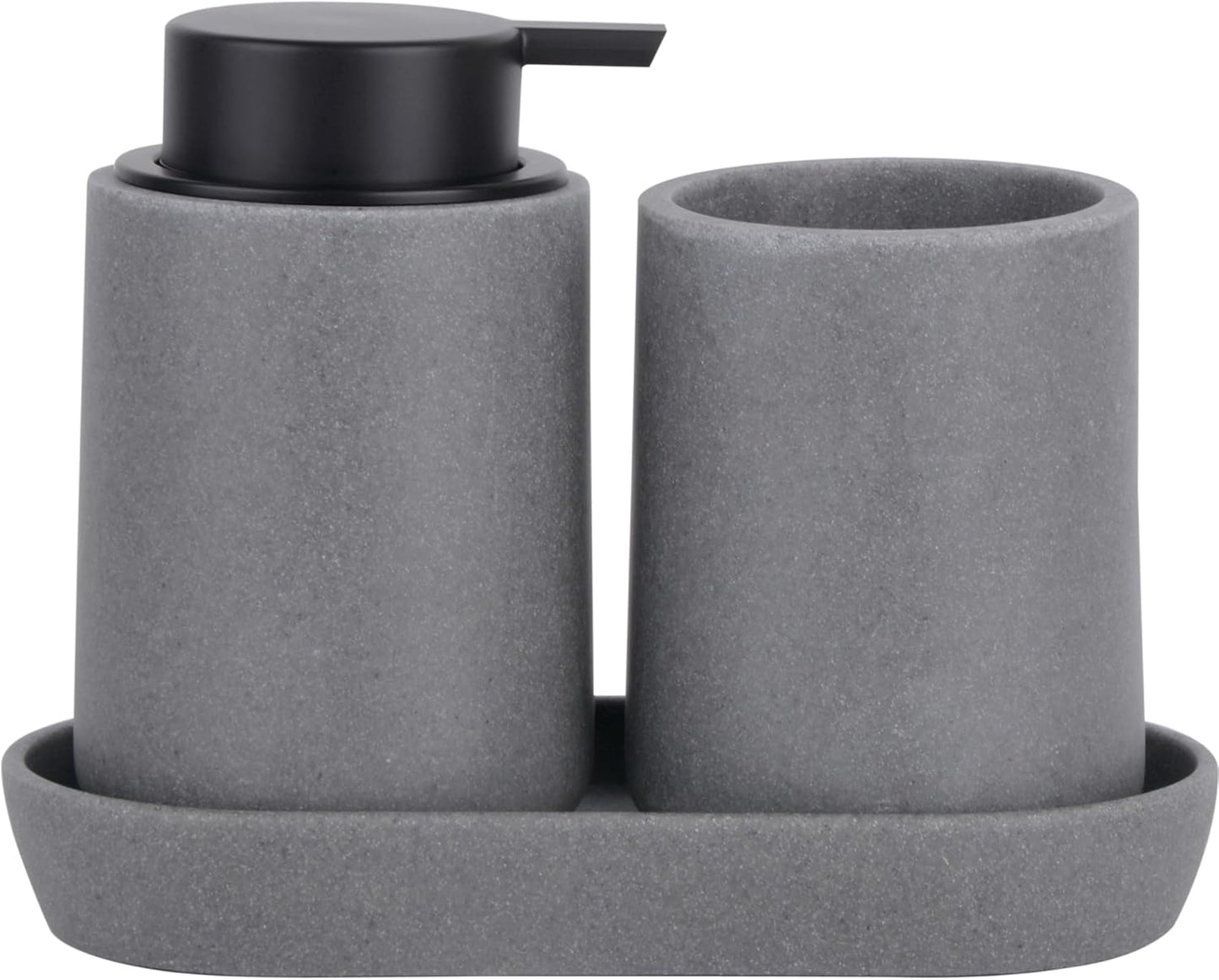 Grey Bathroom Accessories Set, 3 Pcs Resin Bathroom Accessories Complete Set, Sandstone Look Soap Dispenser with Large Pump, Toothbrush Cup, Soap Dish for Modern Home Decor and Kitchen