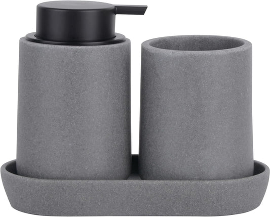 Grey Bathroom Accessories Set, 3 Pcs Resin Bathroom Accessories Complete Set, Sandstone Look Soap Dispenser with Large Pump, Toothbrush Cup, Soap Dish for Modern Home Decor and Kitchen
