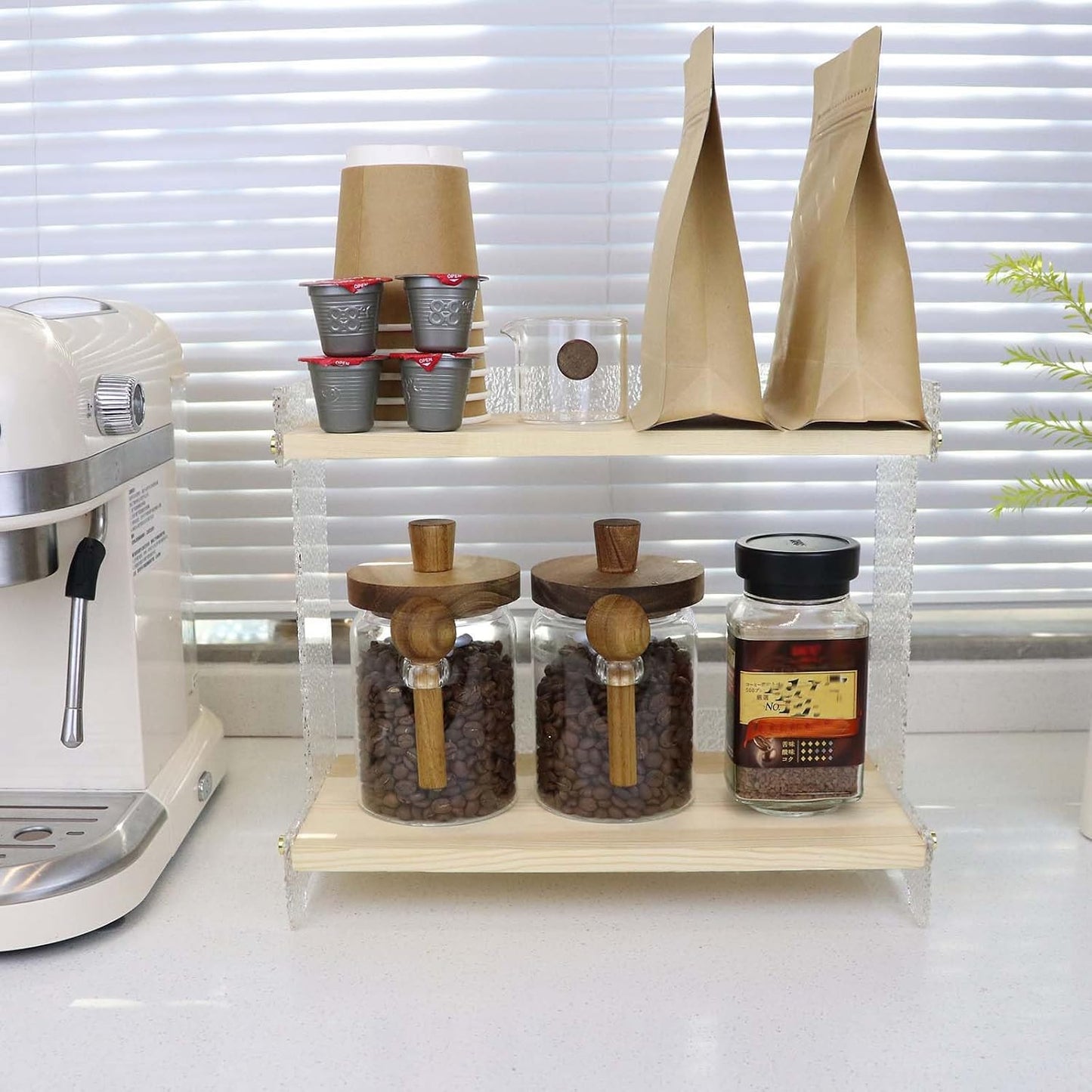 Clear Acrylic 2-Tier Coffee Counter Organizer - Stackable Coffee Bar Shelf for Pods, Creamer, Stirrers, Utensils