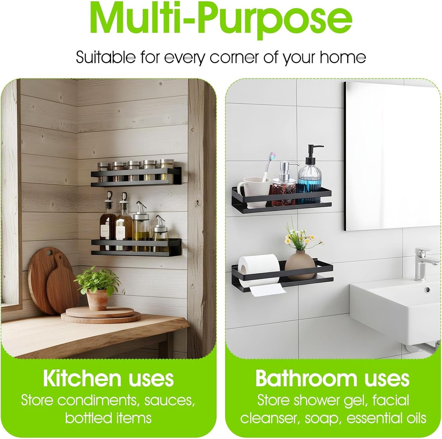 Yolev 2 Pieces Hanging Shower Head Caddy, Rustproof Bathroom Shower Shelf Organizer Wall Mounted Floating Stainless Steel Shelves Nail-Free Wall Mounted Spice Rack for Kitchen（11.81 Inch）