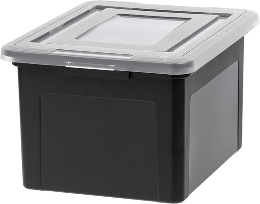 IRIS USA File Box, Plastic File Organizer with Lids for Letter/Legal File, Portable Document Box For Moving, Storage Bin with Durable and Secure Lid, Stackable Nestable BPA-Free, Black 35 Qt. 1 Pack