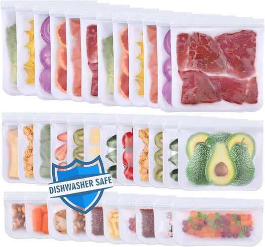 Lerine Dishwasher Safe Reusable Bags, Leakproof Reusable Freezer Bags, BPA Free Food Storage Bags for Lunch Marinate Food Travel (White, 28 Pack-10 Gallon 10 Sandwich 8 Snack)