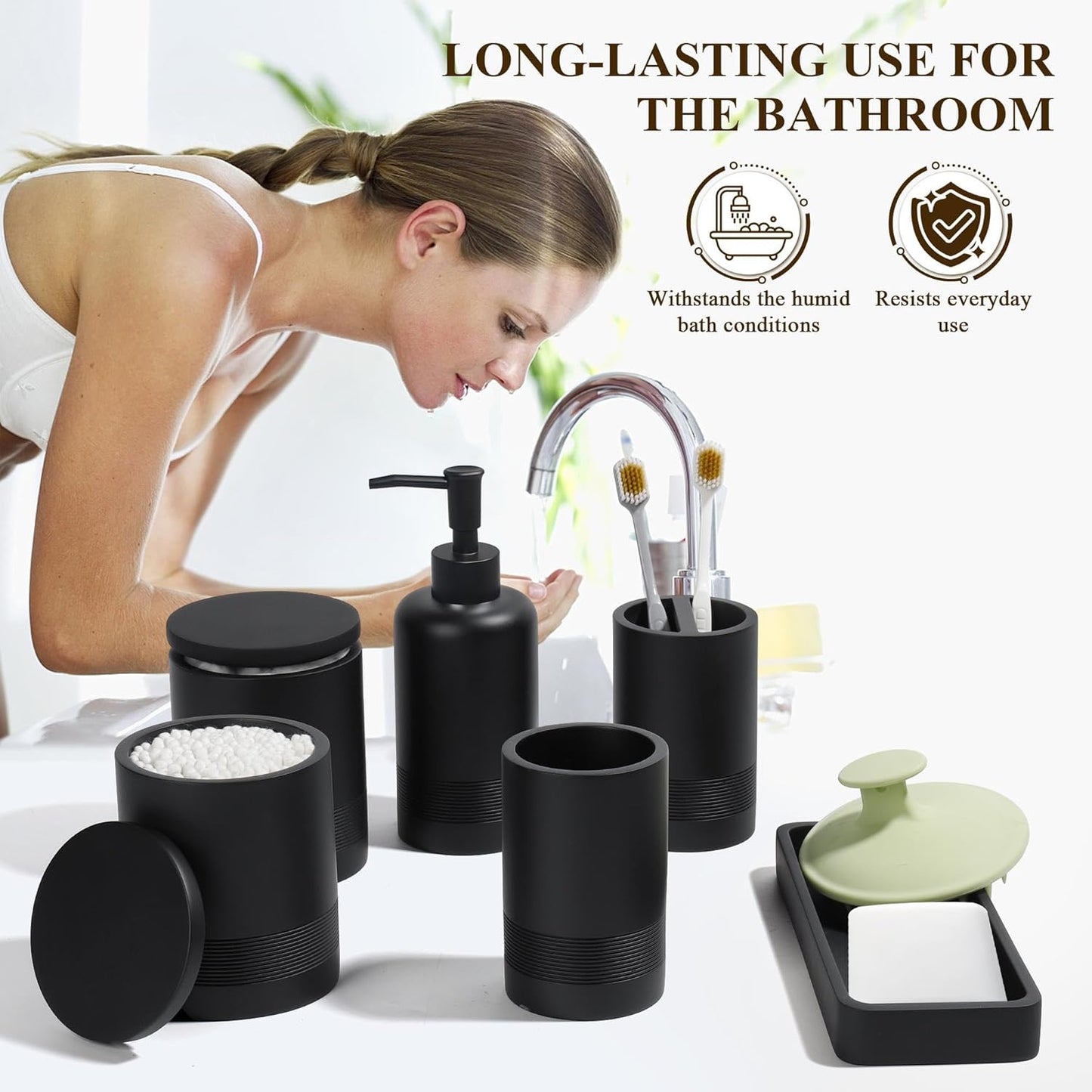 Bathroom Accessories Set, 6-Piece Bathroom Accessory Set, Toothbrush Holders Set, Soap Dispenser, Vanity Tray, Tumbler, Cotton Swab Jars, Bathroom Organizer for Modern Bathrooms(Matte Black)