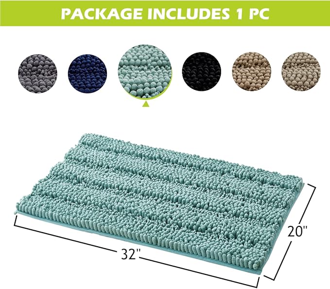 KGORGE Non Slip Chenille Bath Rugs - Super Soft Water Absorbent Anti-Skidding Fast Dry Thick Plush Kitchen Mats for Bathroom Shower Tub Entryway, Aqua, 20" W x 32" L 1 Piece