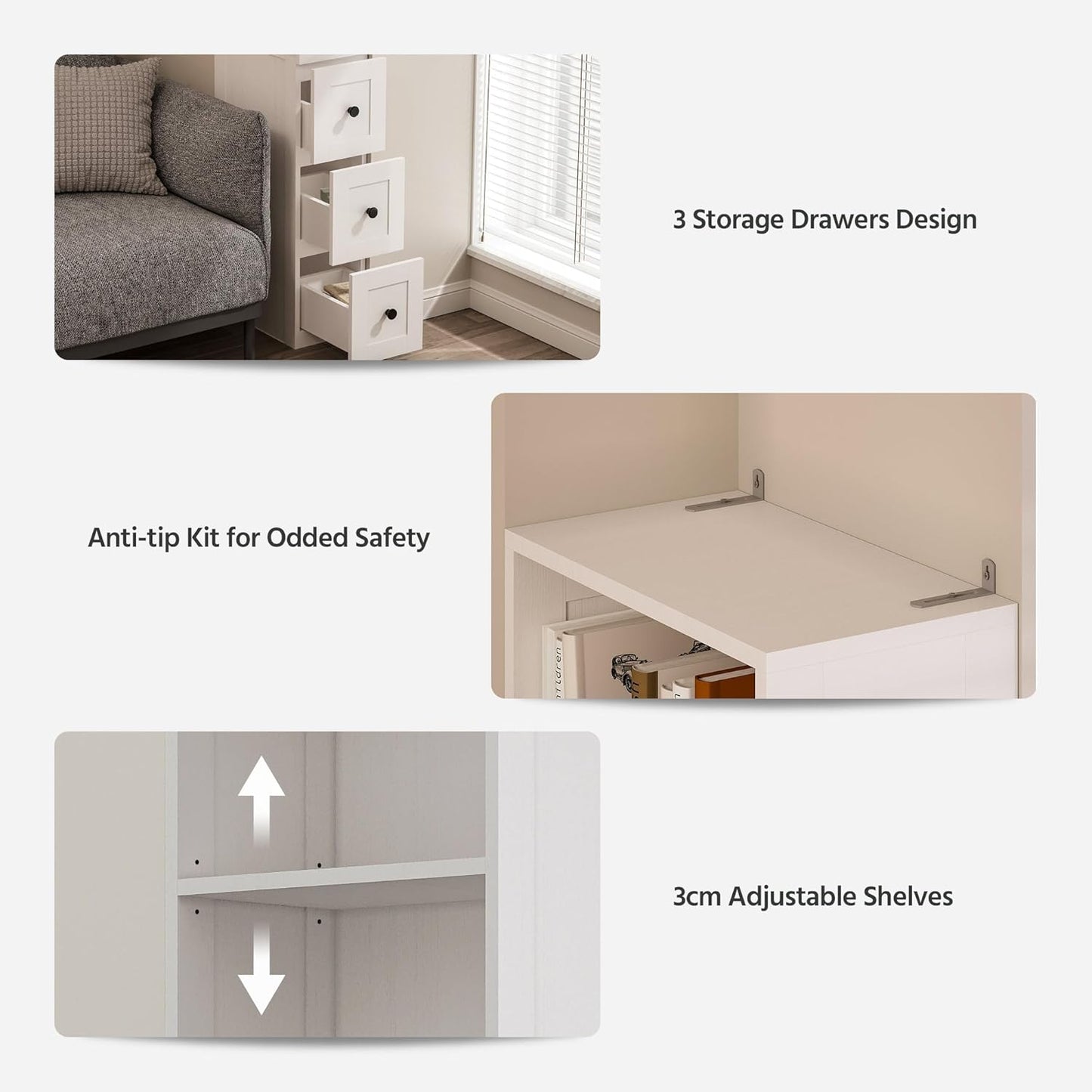 LAUSAINT HOME Tall Bathroom Storage Cabinet, Anti-Tipping Narrow Floor Cabinet with 2 Adjustable Shelves & 3-Level Drawers for Small Space, Home, Bathroom, Kitchen, Laundry (White)