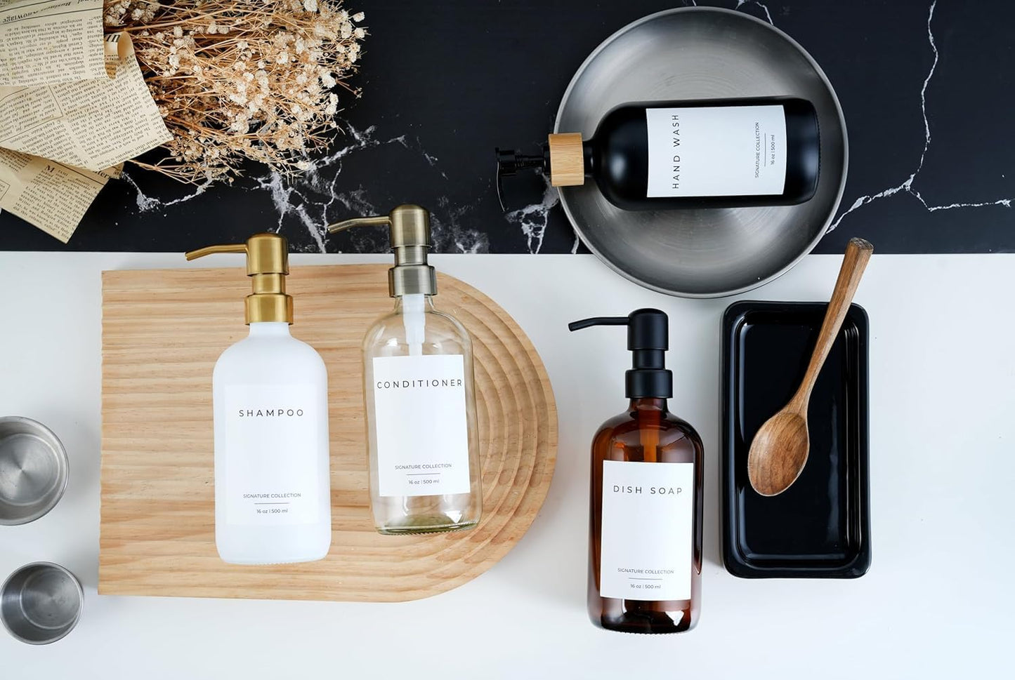 Emerson Essentials Glass Soap Bottle Dispensers, 2 Pack, Stainless-Steel Pumps Rust-Free, Hand Set for Bathroom Kitchen Sink, Liquid Lotion Shampoo Jars with 4 Waterproof Labels, 16 Oz Gunmetal