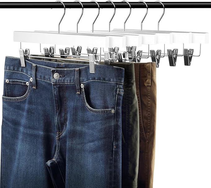 AMKUFO 20pcs Wooden Pants Hangers Solid Pants Hangers with Adjustable Clips 14 Inch White Wood Skirt Hangers Trousers Bottom Hangers with Non-Slip Clips and 360° Swivel Hook