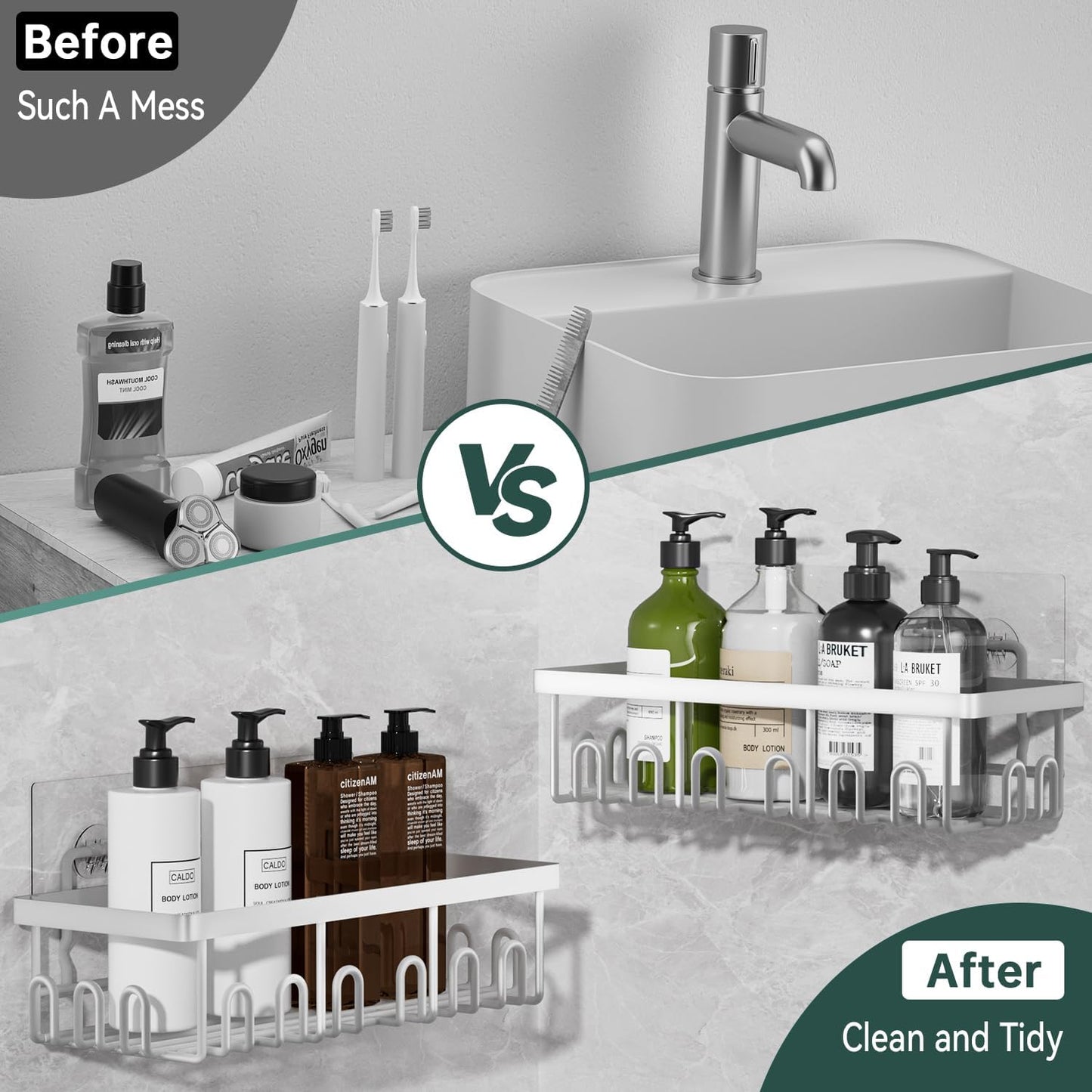 Shower Caddy Organizer Rack Shelf with Soap and Toothbrush Holder,Stainless Steel Organizer for Bathroom Organizers and Storage, No Drilling Wall Mounted Rack Bathroom Caddy White,5-Pack