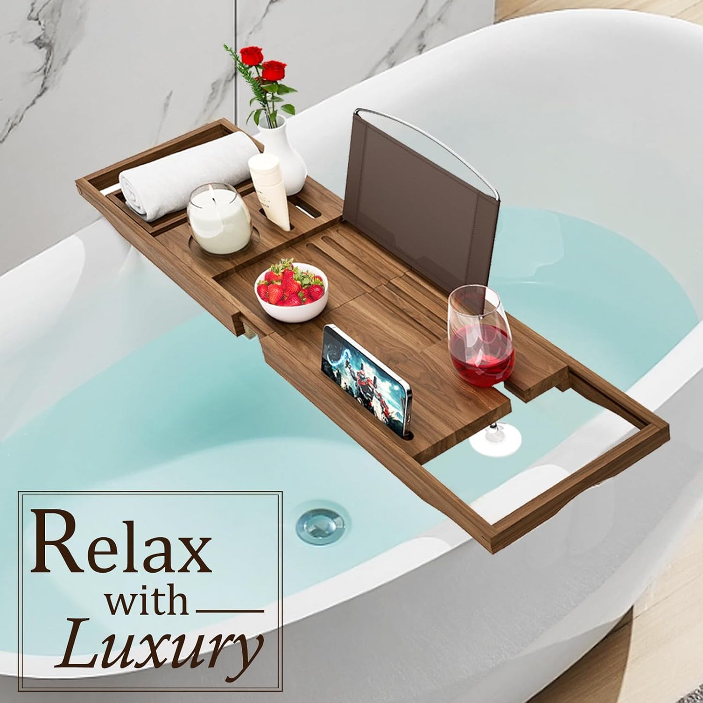 Premium Teak Bathtub Tray Caddy, Wooden Bath Caddy Trays for Bathtub, Bath Tub Wood Tray Table for Tub,Expandable Size, Fits Most Bath Tubs