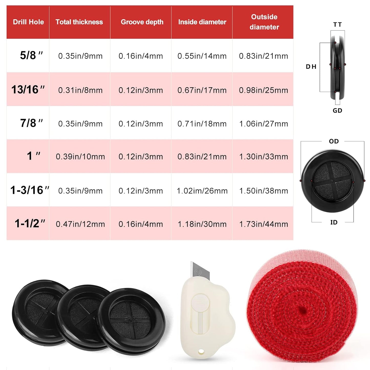 63Pcs Rubber Grommet Kit, Drill Hole Firewall Hole Plugs Wire Protection, 6 Sizes 5/8" 13/16" 7/8" 1" 1-3/16" 1-1/2"(Round)