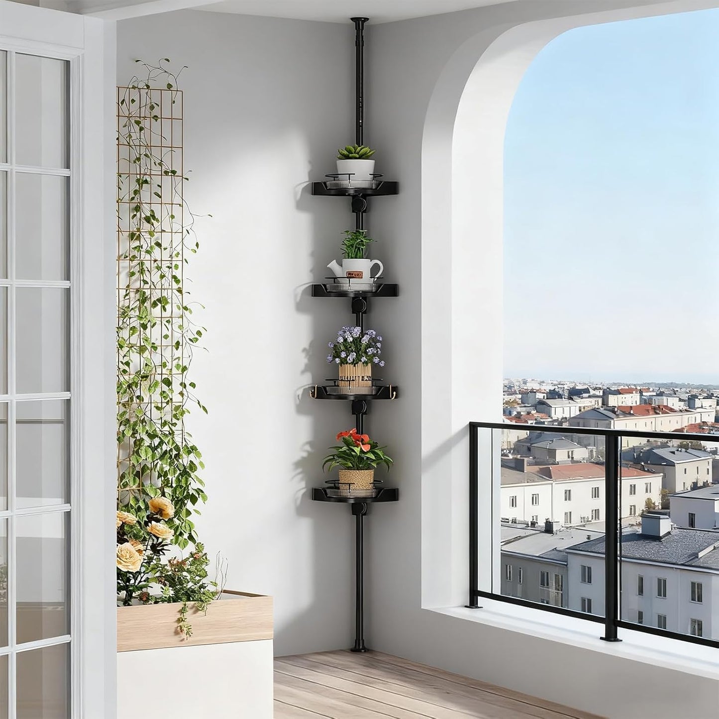 Shower Caddy Tension Pole with 4 L-Lazy Susan Organizer 360 Rotating 35-128 Inch No Drilling Floor Standing Shelves Adjustable Shower Rack for Bathroom Corner (Black)