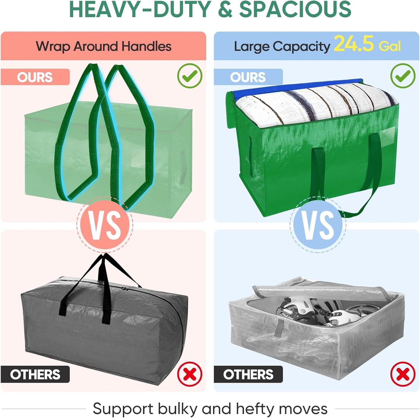 BALEINE 8-Pack Oversized Moving Bags with Reinforced Handles, Heavy-Duty Storage Tote for Clothes, Moving Supplies (Light Green, 8-Pack)