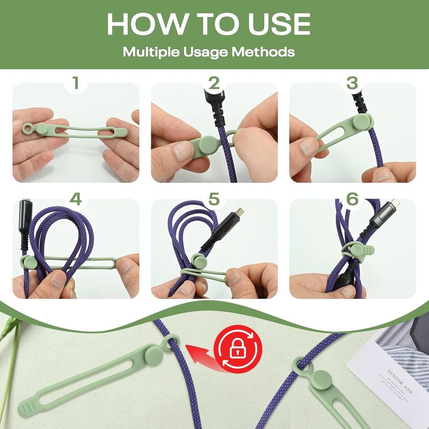 Silicone Cable Ties Reusable, Elastic Wire Organizer Ties, for Charging Cables, Electrical Cords, Computer Wires, USB Data Cable Management, Cord Organizer (6 Colors, 3 Sizes)