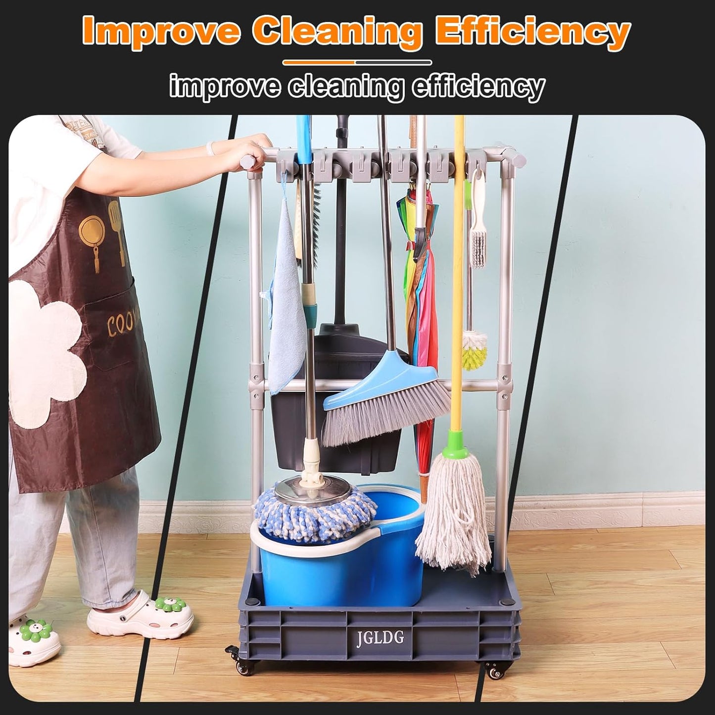 Mobile Mop and Broom Holder，Efficient Storage Solution for Cleaning Tools Keep Your Tools Handy and Organized