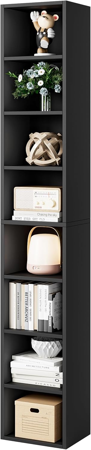 Bamjoy 71 Inches Tall Narrow Bookcase, 8-Tier Slim CD DVD Media Tower Rack, Corner Bookshelf with Adjustable Shelves, Cube Skinny Bookshelf for Home Office Small Space, Black