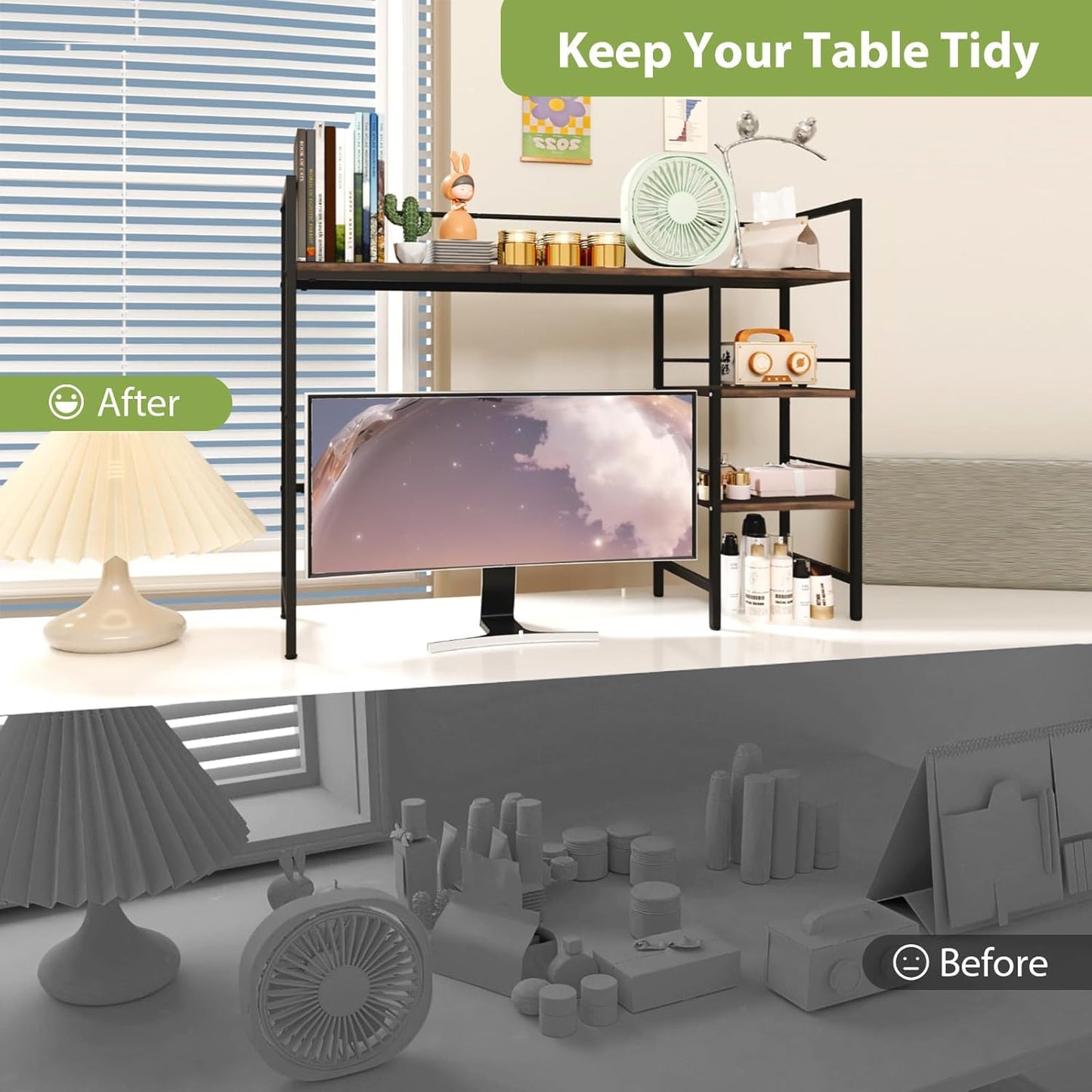 Desk Shelf, 38.5 Inch Desk Hutch for Computer Monitor, Computer Desktop Bookshelf Storage Rack Adjustable Desk Hutch Top Only, 3 Tier Desk Organizer Shelf for Office Home, Rustic