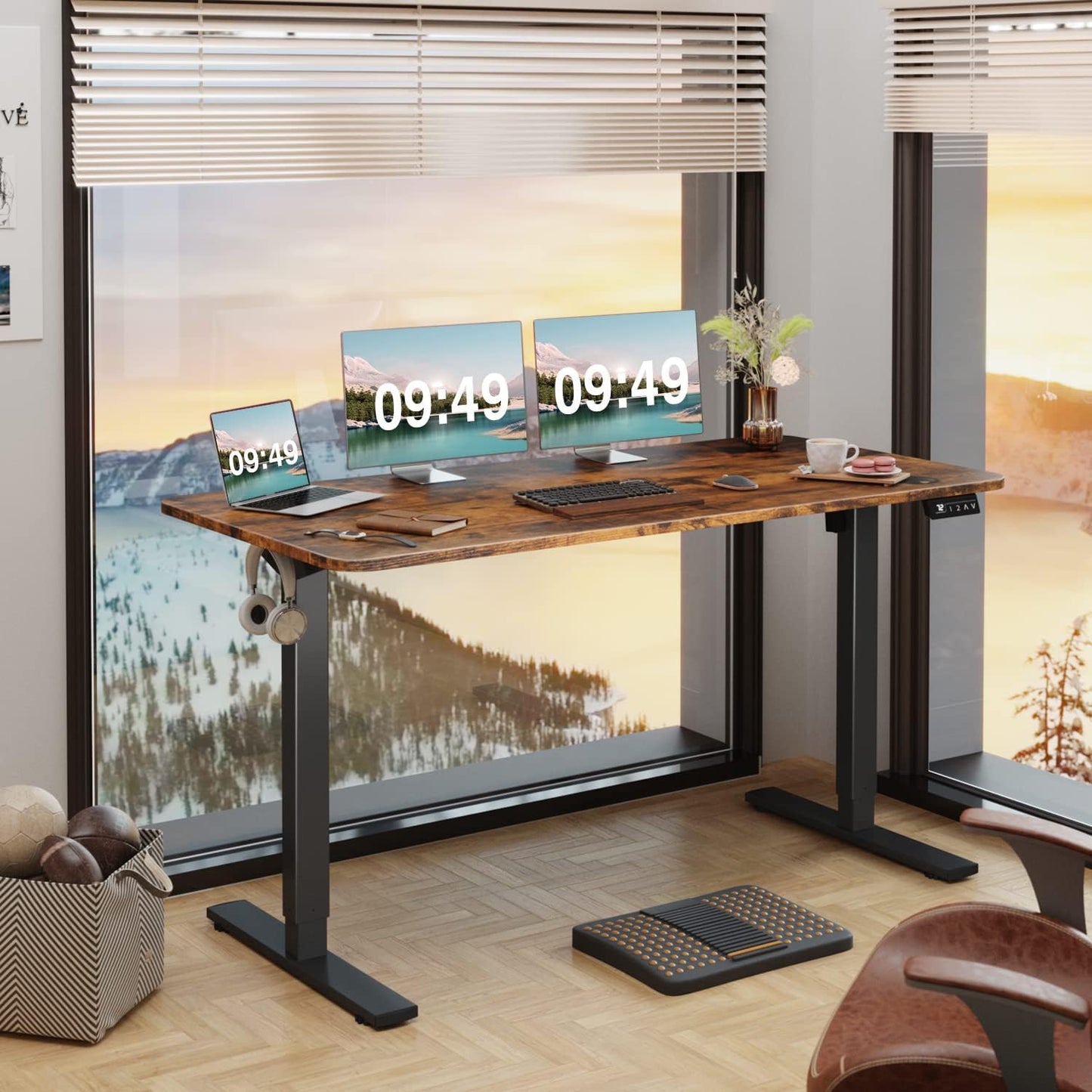 Furmax Electric Height Adjustable Standing Desk Large 55 x 24 Inches Sit Stand up Desk Home Office Computer Desk Memory Preset with T-Shaped Metal Bracke, Brown