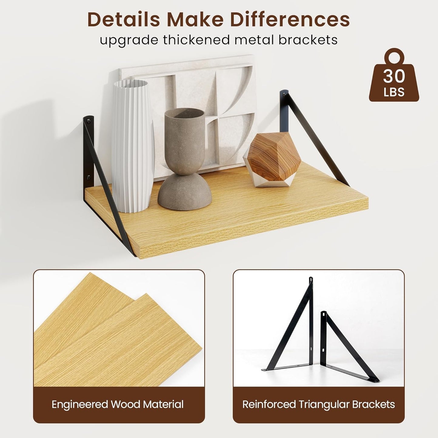 Axeman Deep Floating Shelves for Wall - 10 Inch Deep Floating Shelves Set of 2-16" W x 10" D Oak Wall Shelves for Living Room Bathroom Bedroom