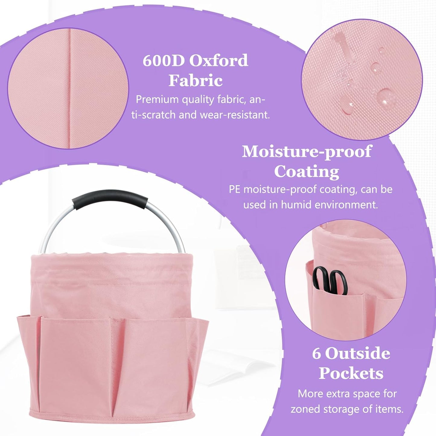 2Pack 17L Foldable Cleaning Supply Caddy for Family, Portable Shower Caddy with Handle and Pockets, Garden Tool Bag in 600D Oxford Fabric, Large Storage Basket for Dorm, Travel, Black + Pink